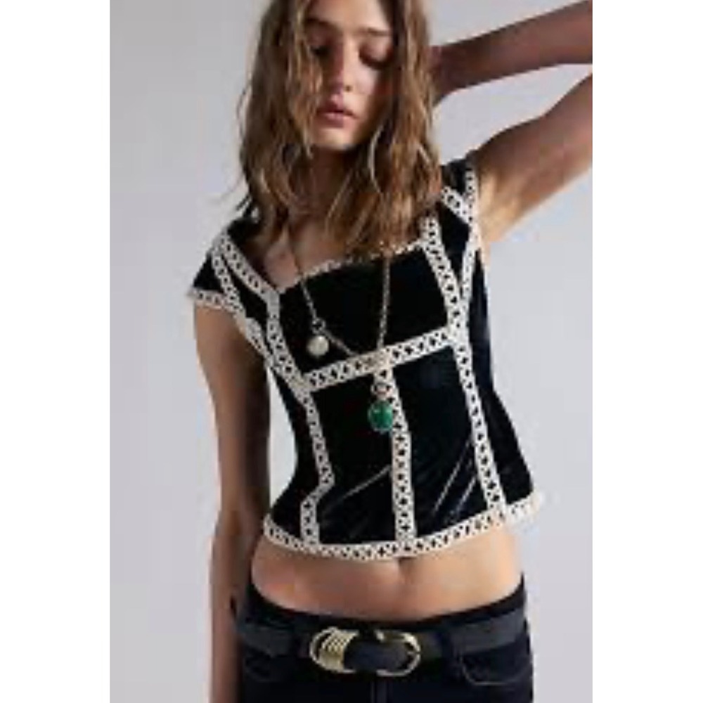 Free People Tyler velvet corset top black white crochet trim cap sleeves XS NWT